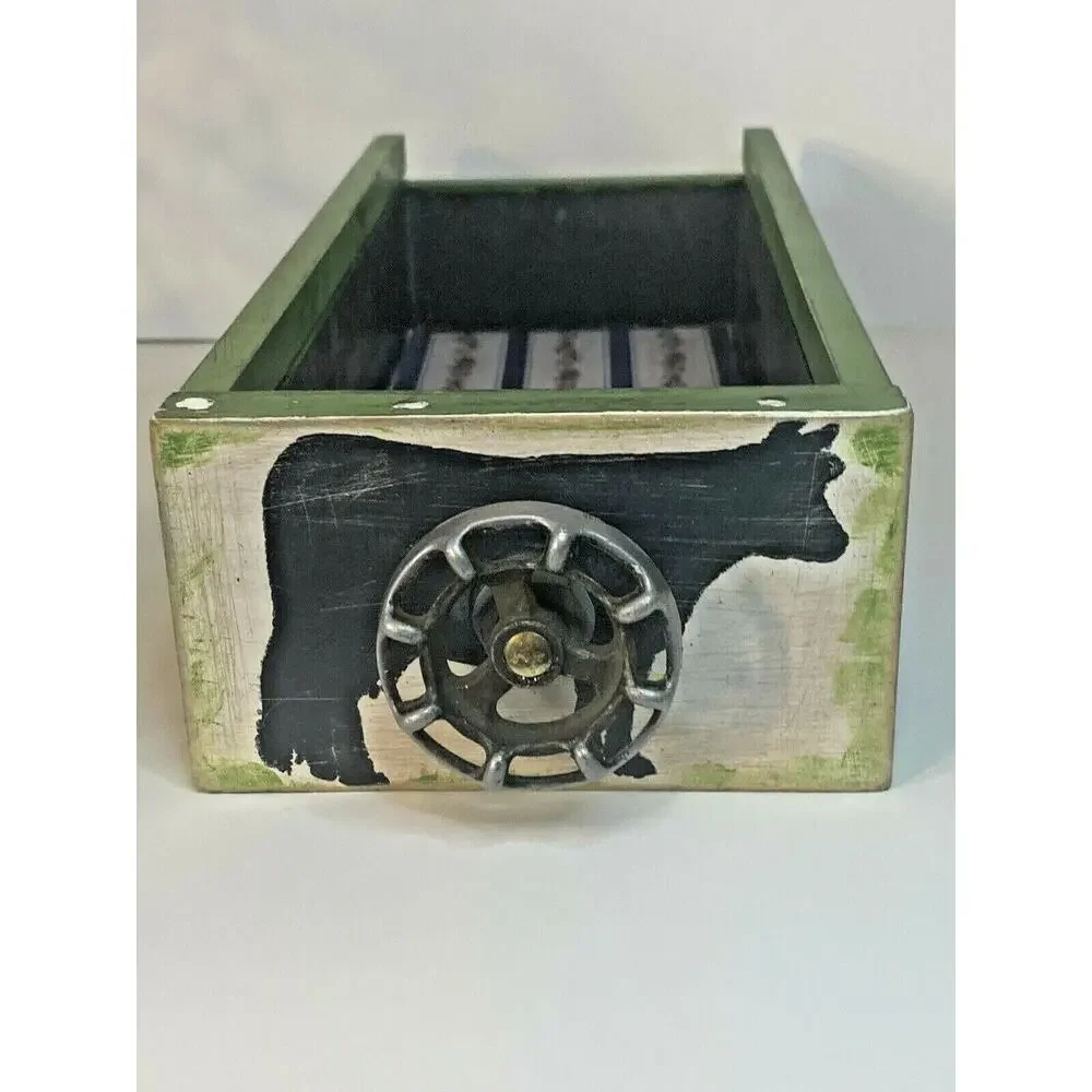 Farmhouse Wood Drawer Crate w/ Vintage Dairy Cow Spigot Handle, Green/Black